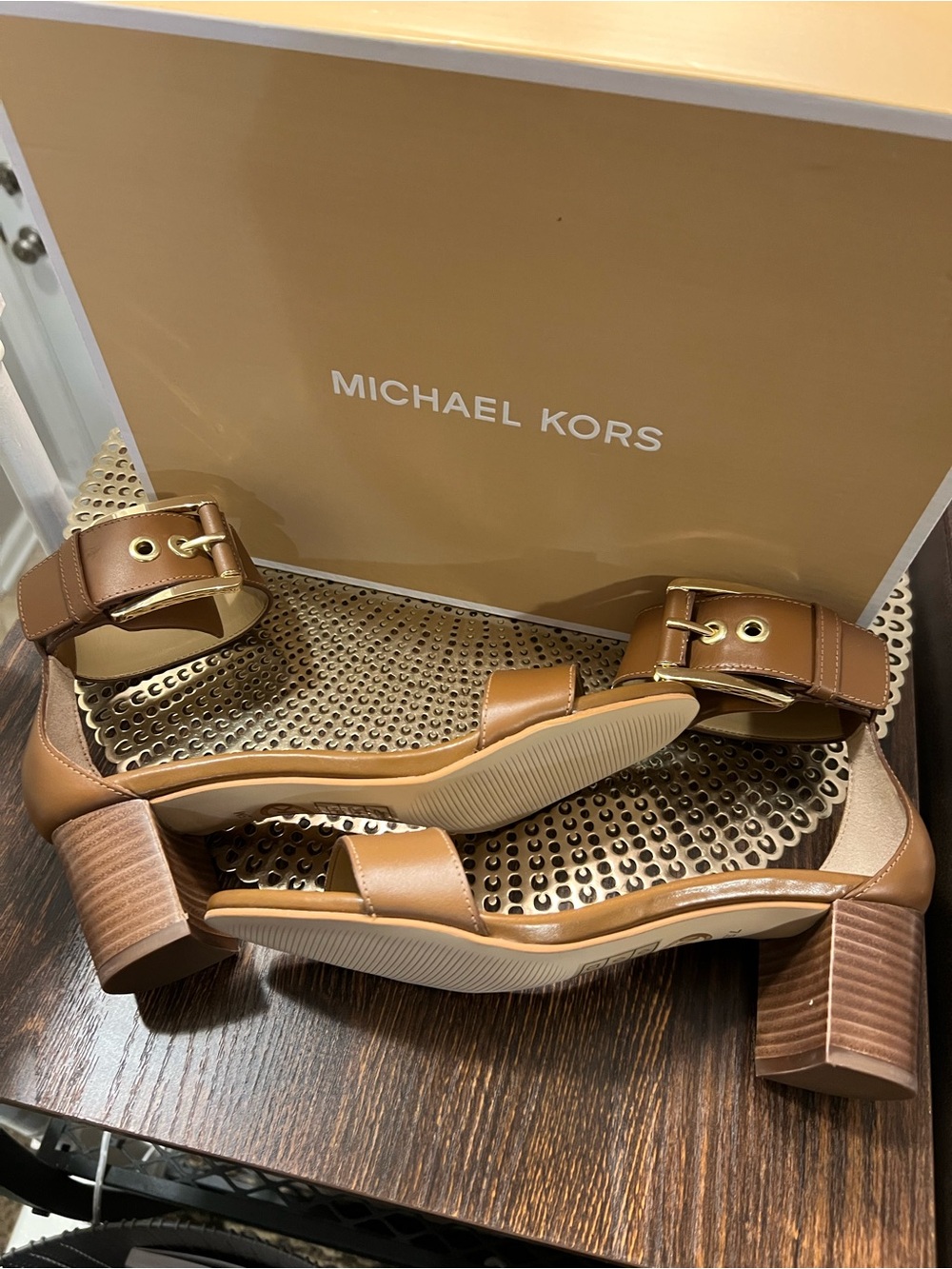 Michael Kors Cognac Leather Block Heel Sandals with Buckle
